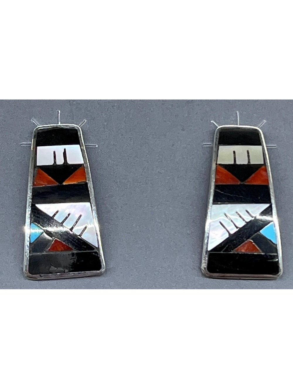 Zuni sterling silver traditional inlay turquoise, coral, mother of pearl onyx
